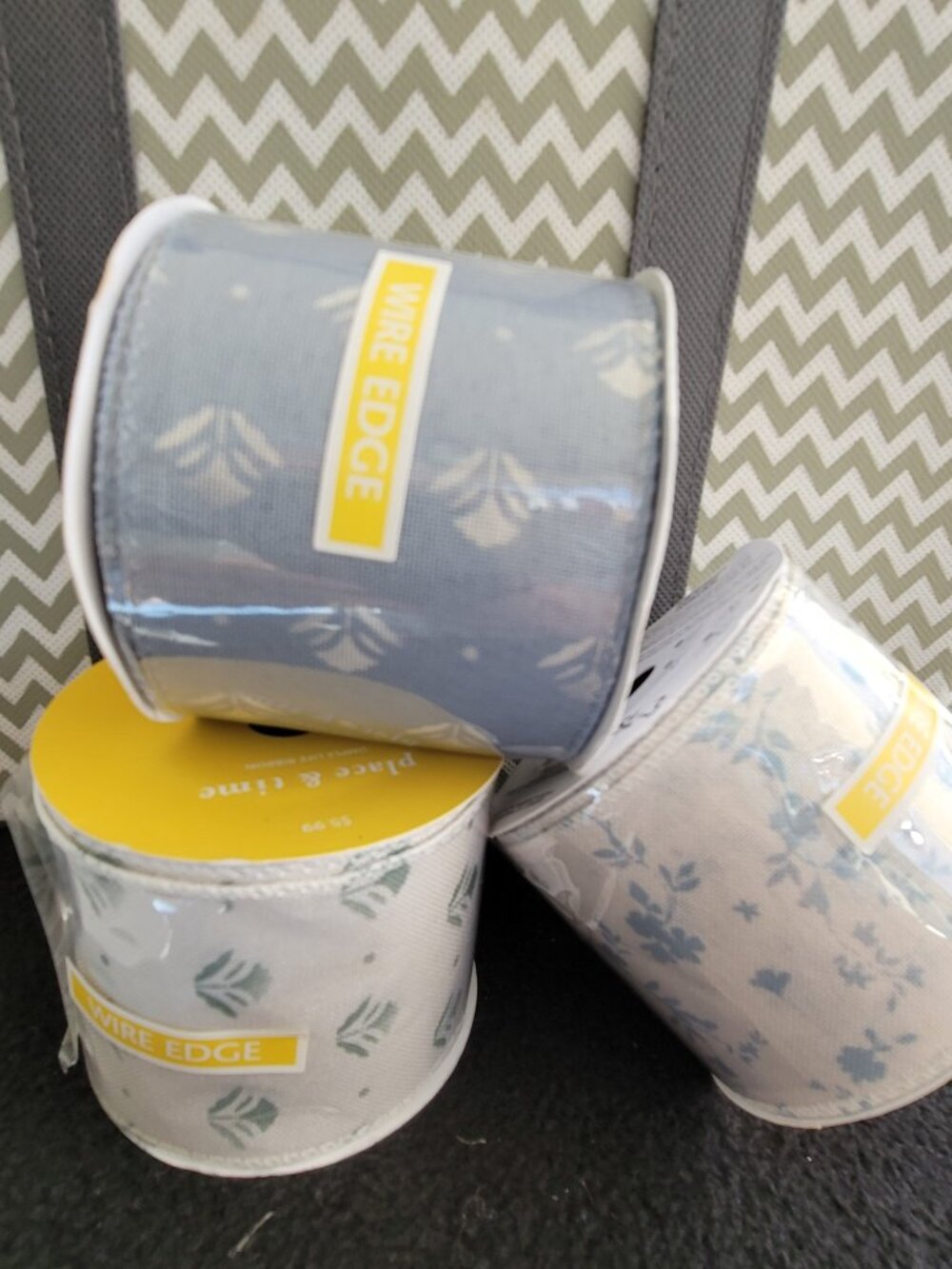 Lot of 3 Joann Place & Time Blue Floral Geometric Wired Edge Ribbon 2.5 Inch
